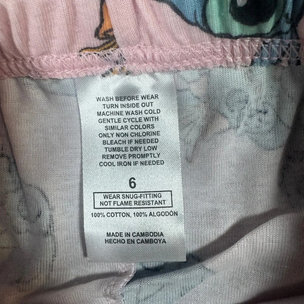 Disney Stitch Girls 4 Piece Pajama Set Mint Green Pink Hearts Size 6 Cotton